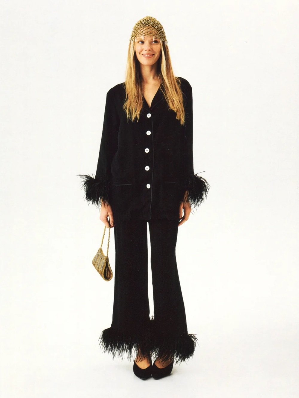 Sleeper Black Feather-Trim Pajama Set NWT